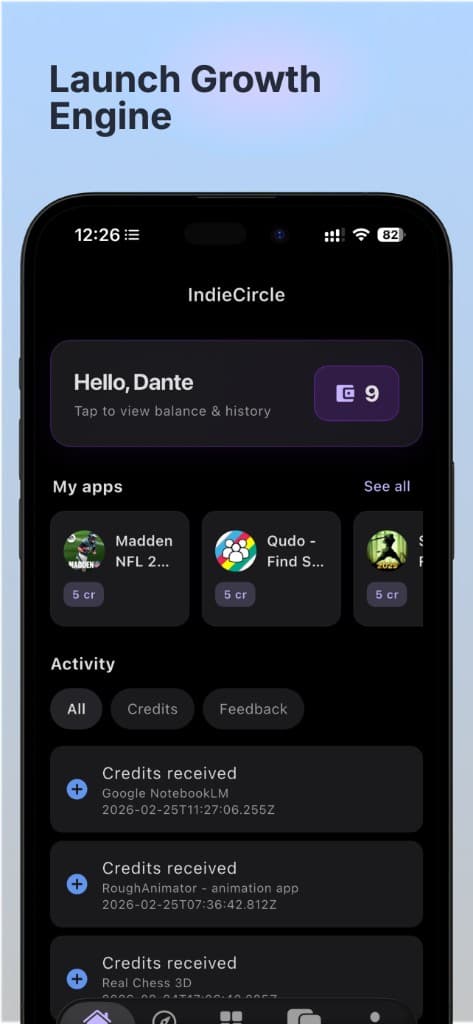 IndieCircle product screen: Growth Exchange Marketplace — Discover apps with credits per feedback